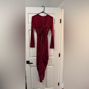 Elegant Red Long Sleeve Cut Out Dress